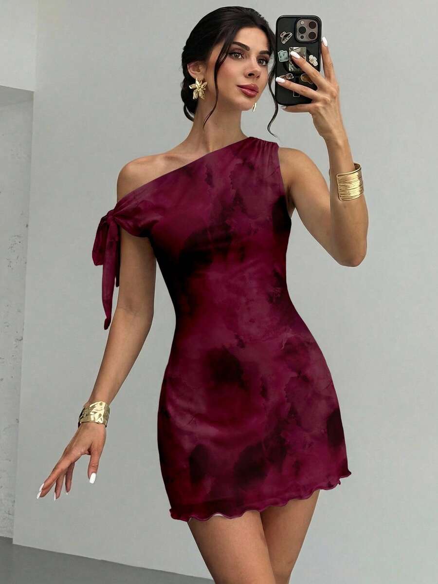 Firerie Đầm mini nữ mùa hè mới, họa tiết nhuộm tie-dye, vai lệch, gợi cảm, thanh lịch, thích hợp cho kỳ nghỉ, đi biển, cổ lệch, trang phục xuân/hè, đồ đi biển, thanh lịch, gợi cảm, kỳ nghỉ, bãi biển, Hawaii, hẹn hò, tiệc tùng, lễ hội âm nhạc, đầm tốt nghiệp, đầm dạ hội. - Màu Đỏ Sâu - Xem 1