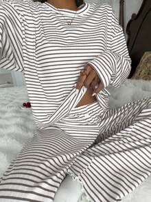 SHEIN Women's Casual Striped Print Loose Fit Round Neck Long Sleeve Pajama Set - Multicolor - View 1