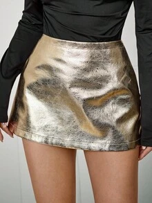 SHEIN PETITE 金色修身低腰迷你裙，金属皮革裙，秋季裙装，节日裙装，女士演唱会裙装，女士裙装，派对迷你裙，闪亮迷你裙，闪耀优雅出行迷你裙，圣诞裙装 - 金色 - 查看 4