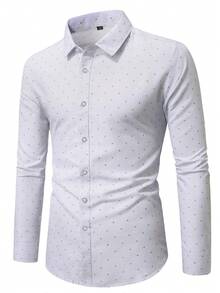 Manfinity Mode 男士休闲波点印花纽扣长袖衬衫，秋季款 - 白色 - 查看 1