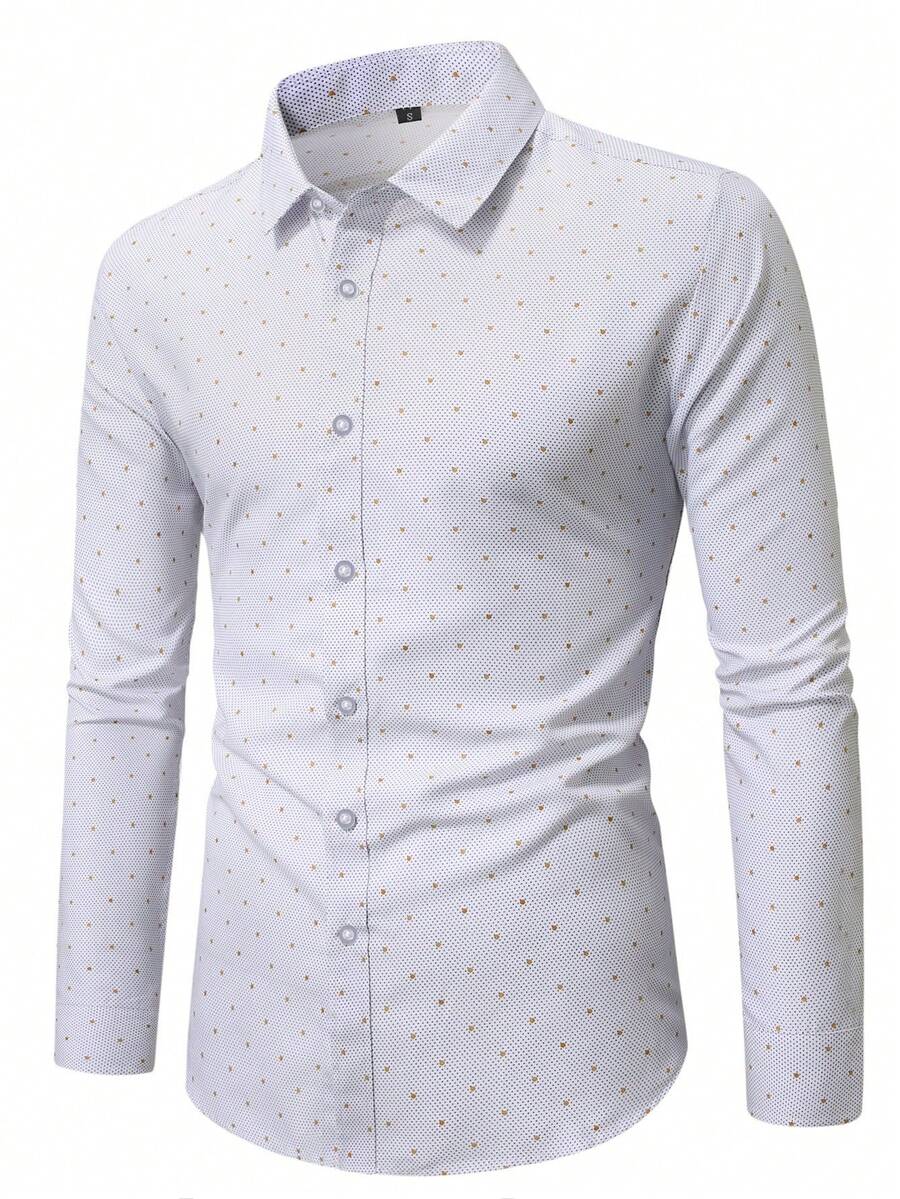 Manfinity Mode 男士休闲波点印花纽扣长袖衬衫，秋季款 - 白色 - 查看 1