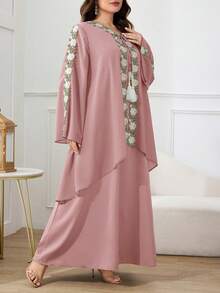 Al Najma 大码女式优雅花卉蕾丝贴花喇叭袖流苏系带连衣裙，度假风，春秋季 - 粉色 - 查看 6