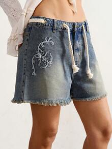 Bohemela Women's Floral Embroidered Denim Shorts,Loose Fit Blue Summer Boho Vacation Festival Outfits,Country Concert Holiday Jorts,Mothers Day Outfit - Light Wash - View 6