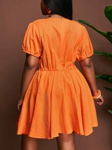 Slaydiva Summer Orange Vacation Holiday Plus Size Mini Dress,Deep V-Neck Short Sleeve Fitted A-Line Woven Texture Fabric Elegant Party Wedding Graduation Dress - Orange - View 3