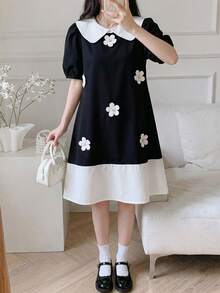 SHEIN Gaun Remaja Perempuan Longgar Lengan Mengembang dengan Kerah Pita, Desain Blok Warna, Kasual & Manis, Musim Semi/Panas - Hitam dan Putih - View 6