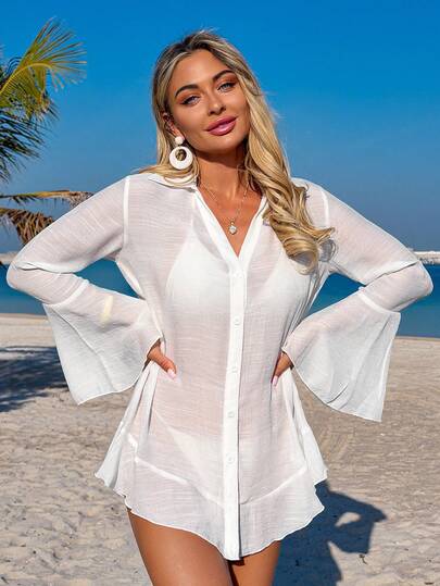 Swim Vcay Women's Solid Woven V-Neck Split Sleeve Elegant Blouse, Minimalist Design, Suitable For Vacation, Beach, High-Quality Flare Sleeve Cardigan