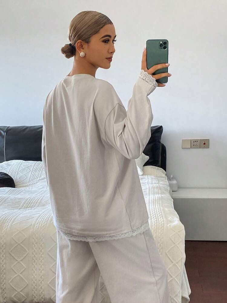 2pcs/Set Women Bow Patchwork Pattern Loose Long Sleeve Top And Long Pants Pajama Set, Beige, Autumn