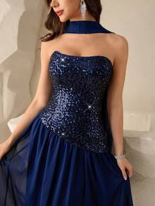 Coutiva Đầm dạ hội màu trơn đính sequin dành cho nữ, thích hợp cho các buổi tiệc. - Màu xanh hải quân - Xem 6