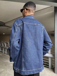 Ngobest Haus Ngobest Haus Men's New Front Button Long Sleeve Pocket Casual Simple Versatile Denim Jacket, For Fall - Dark Wash - View 2