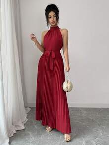 SHEIN PETITE Đầm chữ A không tay cổ cao buộc dây sau lưng trang trí bèo nhún dành cho nữ - Màu Đỏ Sâu - Xem 4