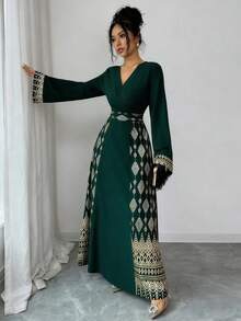 Rafferiza 方领褶裥优雅雪纺长裙，超大方领，长袖，黑金箔印花，优雅浪漫，女士秋冬/春季连衣裙 - 墨綠色 - 查看 6