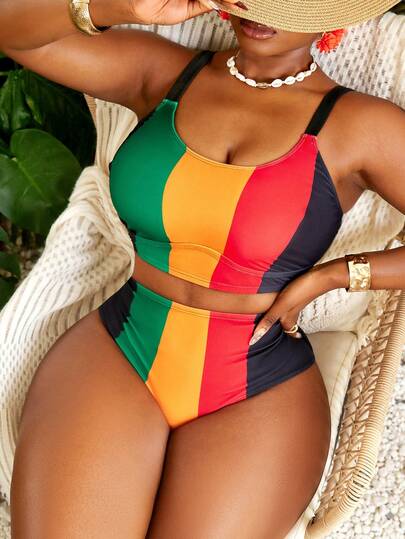 Slaydiva Plus Size Women's New Digital Printed 2-Piece Swimwear, Removable Padded, Adjustable Strap, Elegant Multi-Color Printed High-Waisted Triangle Bottoms, Casual Fashionable Beach Vacation Swimwear