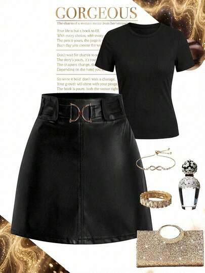 Ellevyn Women's Fashion Decorative Button A-Line PU Leather Black Mini Skirt  Summer Outfits For Women Skirts Women's Skirts Black Skirt Summer