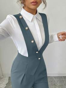 Elenzga 女士新款休闲纽扣设计阔腿连体裤 - 霧霾藍 - 查看 4