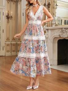 Amorya 女士新款优雅春季印花蕾丝拼接度假连衣裙，春夏款 - 彩色 - 查看 6