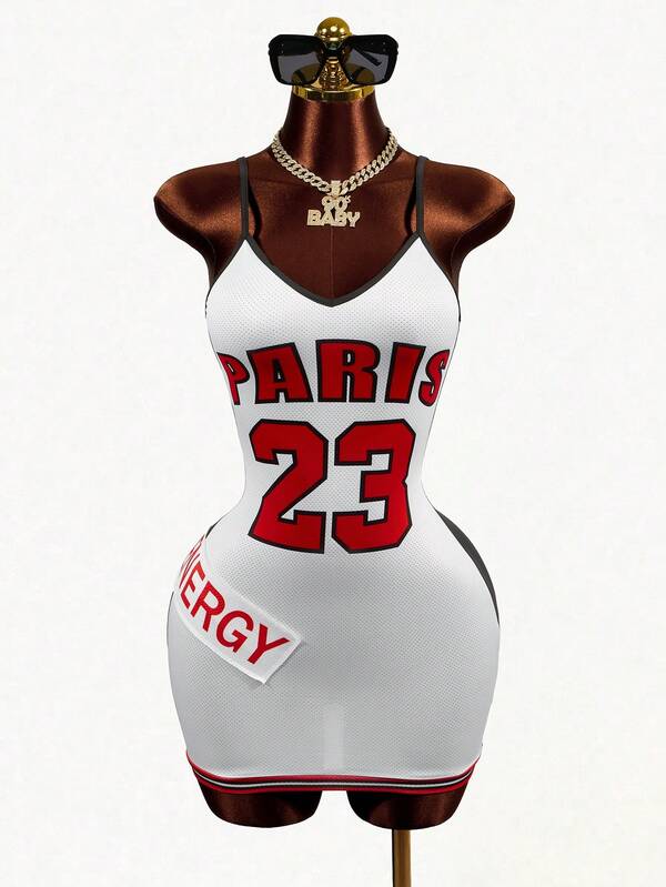 Mistrie Women's Letter & Number Print Casual Party Daily Wear Camisole Mini Dress