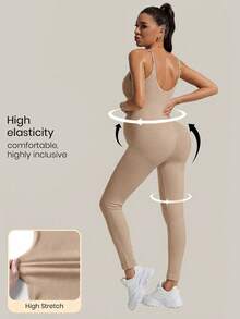 SHEIN Solid Color Sleeveless Maternity Jumpsuit, Maternity Jumpsuit, Maternity Wear - Khaki - View 9