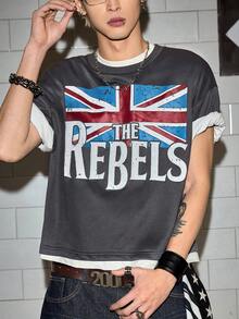 ROMWE MEN Street Life Men's British Flag Print Round Neck Short Sleeve Casual T-Shirt - Dark Grey - View 4