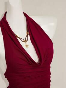 SHEIN ICON 女士棕色复古设计性感露背串珠垂褶领吊带衫 - 酒紅色 - 查看 7