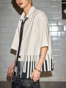 ROMWE MEN Grunge Punk Men's Striped Short Sleeve Single-Breasted Casual/Business Shirt - White - View 7