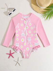 年轻女孩新款时尚连体拼布印花泳衣 - 淺粉色 - 查看 1