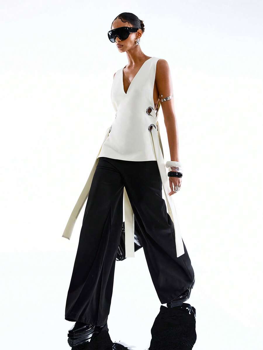 LYSMO 2026新款极简主义春夏女装时尚性感纯色双层无袖金属孔眼时尚开衩背心/夏季女装/夏季假期/春季女装/春假/春季上衣/狂欢节服装/2026狂欢节女装造型/派对上衣 - 米色 - 查看 1