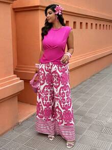 Breezaya Conjunto de pantalones estampados con cruce en los hombros de estilo casual y de vacaciones para mujer de talla grande - Rosa Fucsia - Ver 3