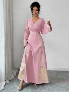 Rafferiza Đầm maxi chiffon xếp ly cổ vuông thanh lịch, họa tiết hoa lá đen và vàng ánh kim, duyên dáng và lãng mạn, trang phục mùa xuân/thu dành cho nữ. - Hồng - Xem 3