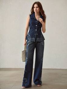 MOTF PREMIUM 印花直筒牛仔裤 - 藍色 - 查看 1