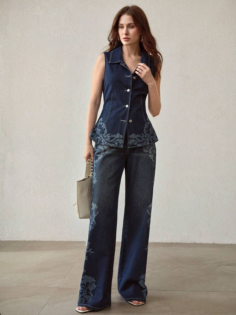 MOTF PREMIUM 印花直筒牛仔裤 - 藍色 - 查看 1