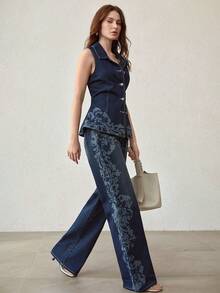 MOTF PREMIUM 印花直筒牛仔裤 - 藍色 - 查看 3