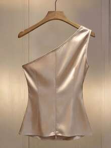 Franclia Women's Satin Solid Color Sleeveless Ruched Waist Fitted Blouse, Women's Top, Women's Camisole, Satin Blouse, Satin Top, Summer, Date, Elegant, Casual - Apricot - View 2