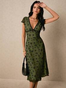 Poéselle Đầm midi ôm dáng tay ngắn phối màu tương phản dành cho nữ, thanh lịch mùa hè. - xanh quân đội - Xem 3