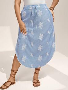 SHEIN LUNE 大码简约印花A字裙 蓝色长裙 夏季裙装 大码休闲裙 夏季女装 曲线蓝色罩衫裙 沙滩罩衫裙 抽绳裙 度假裙 纱笼裙 夏季长款沙滩裙 夏季女装 音乐节 - 藍白色 - 查看 8