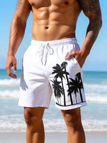 Manfinity Swimmode Men's Palm Tree Print Drawstring Waist Pocket Beach Shorts - White - View 6