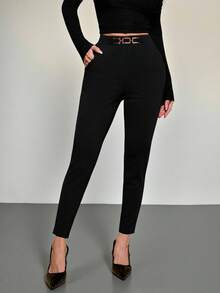 SHEIN PETITE CURVE Quần dài dáng ôm cạp cao chi tiết khóa kim loại dành cho nữ cỡ lớn, quần dài thanh lịch cho mùa hè và mùa xuân, phù hợp cho tiệc tùng, đám cưới, những dịp trang trọng, kỳ nghỉ, ngày Valentine, các sự kiện trang trọng, phong cách cổ điển, công sở, đi làm. - màu đen - Xem 2