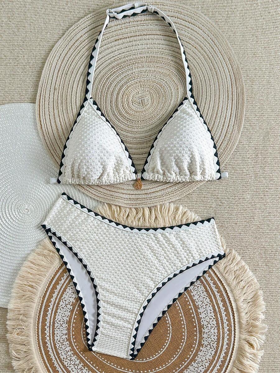 Apricot Striped Jacquard Halter Bikini Set For Teen Girls Vacation Swimwear Fabric Mid Waist Bikinis - Apricot - View 1