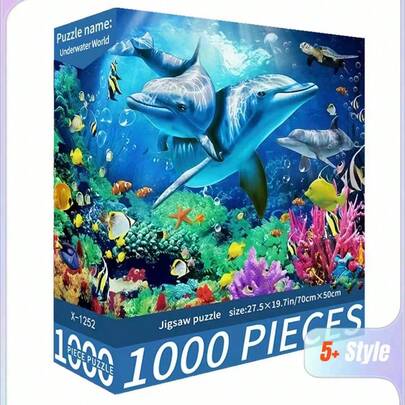 SHEIN 1000PCS,Decompression Mini Puzzle Toys With Jigsaw Pieces And Drawing Paper, Best Gift For Adults Artwork And Family Game Dolphins - Ocean World Puzzle - High Difficulty Puzzle - Leisure And Stress Relief - Gifts