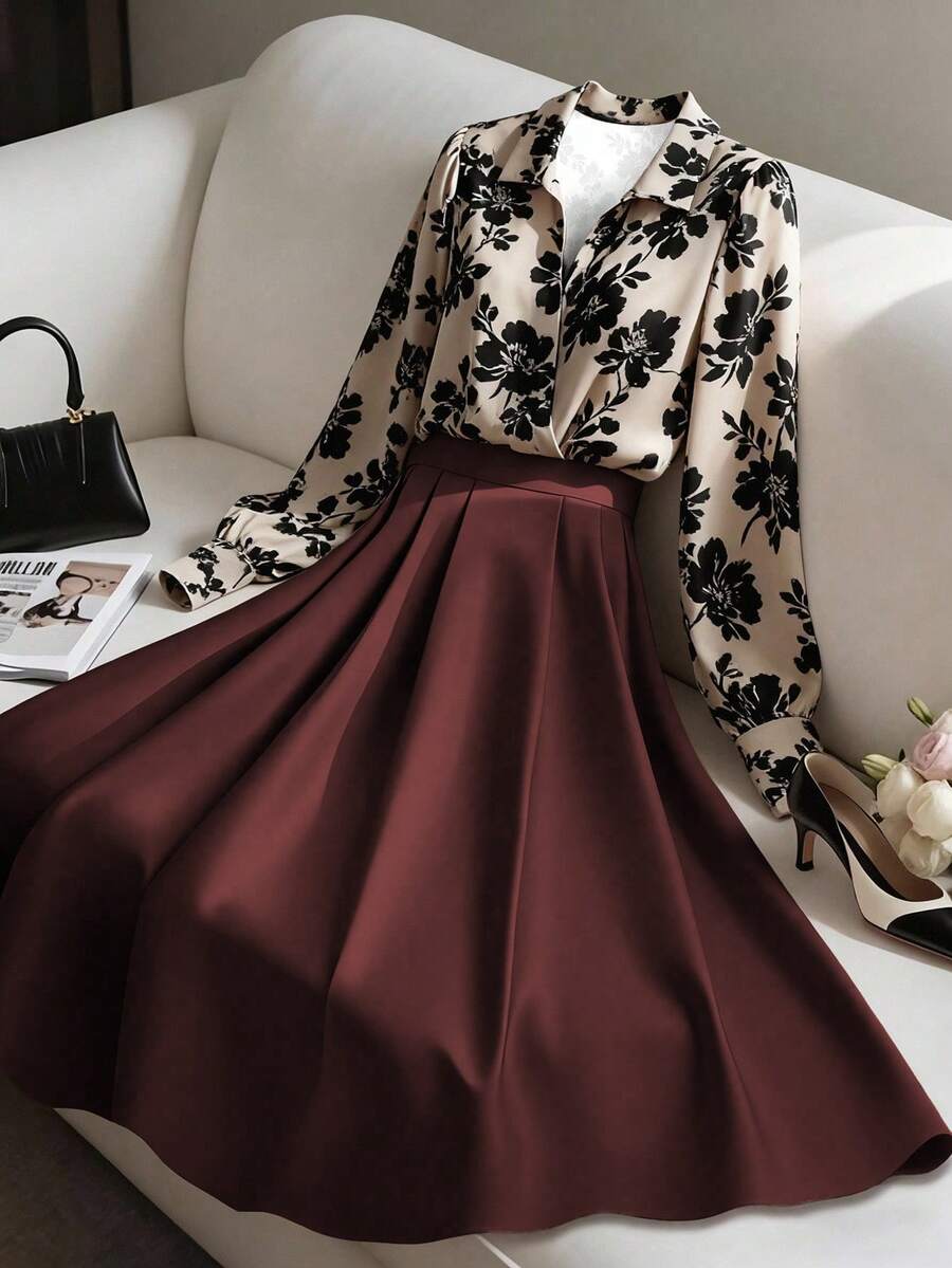Franclia Elegant Fashion Printed Blouse And Pleated Midi Skirt 2 Pieces Set, Suitable For Layering Or Standalone, Autumn/Winter - Burgundy - View 1