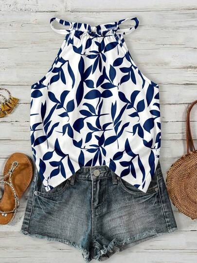 SHEIN LUNE Camiseta de tirantes con cuello halter con estampado floral azul y blanco, adecuada para vacaciones de primavera/verano