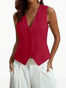 Aveloria Modichic Solid Color V-Neck Sleeveless Casual Suit Vest With Front Buttons  - Burgundy - View 1
