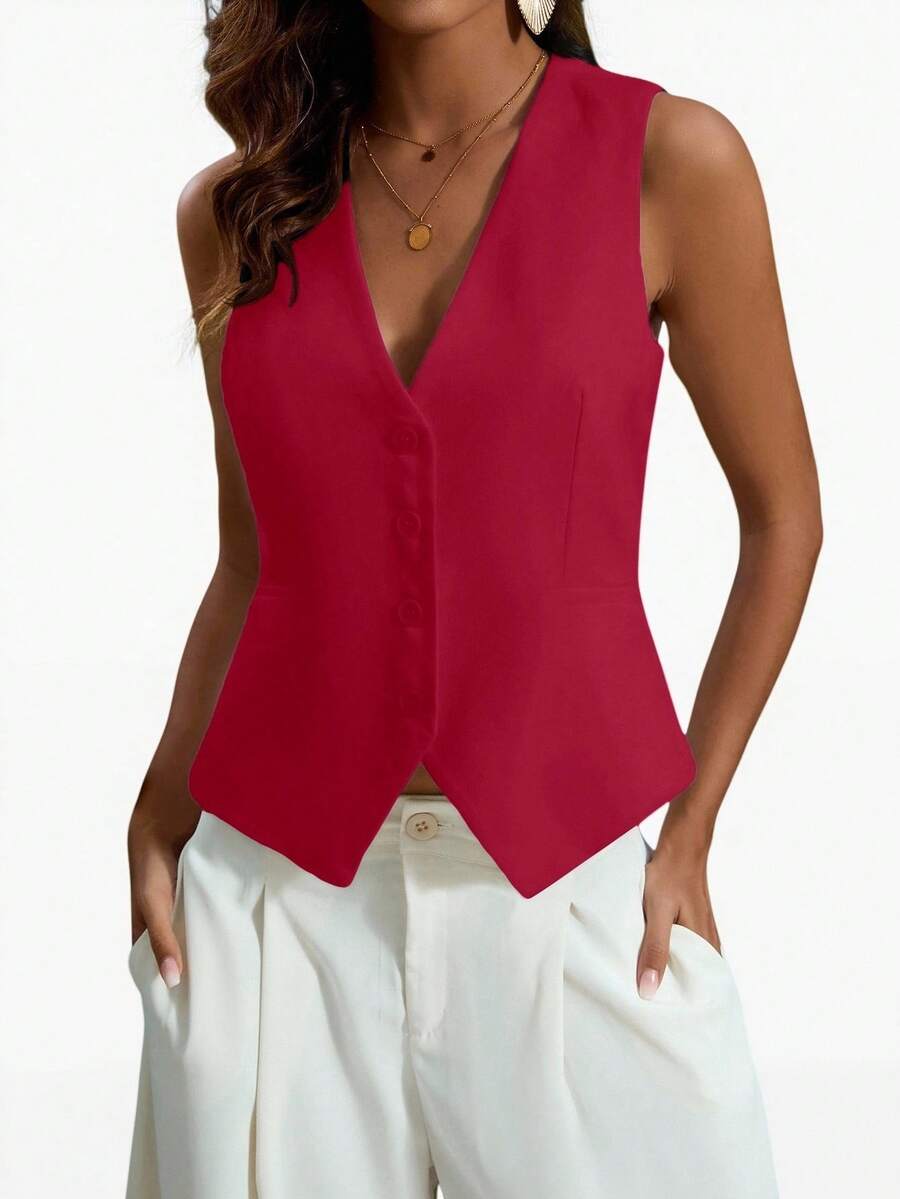 Aveloria Modichic Solid Color V-Neck Sleeveless Casual Suit Vest With Front Buttons - Burgundy - View 1