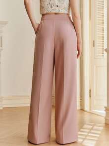 Anewsta 女士优雅设计褶裥前片不对称腰线高低摆金色装饰纽扣粉色西裤套装 - 粉色 - 查看 2