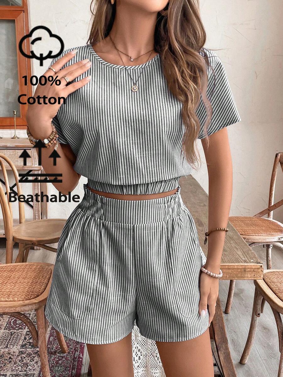 SHEIN Frenchy Bộ đồ nữ dáng rộng, vai rớt, tay ngắn, gồm 2 món, thích hợp mặc mùa hè. - Đen và trắng - Xem 1