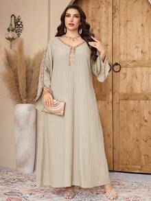 Al Najma Plus Size Women's V-Neck Floral Embellished Flare Sleeve Arabic Traditional Long Dress - Khaki - View 6