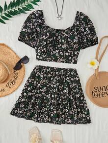 SHEIN MOOSTA 2pcs/Set Ditsy Floral Puff Sleeve Top And Mini Skirt - Black - View 1