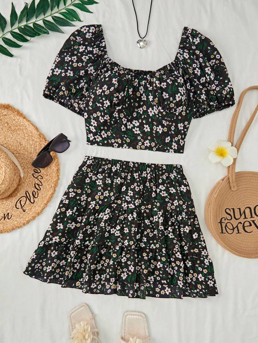 SHEIN MOOSTA 2pcs/Set Ditsy Floral Puff Sleeve Top And Mini Skirt - Black - View 1