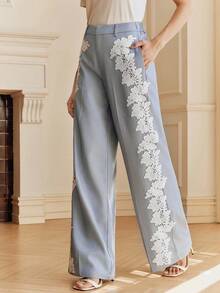 Anewsta 春季新款女士蓝色长裤，时尚休闲喇叭裤，口袋撞色侧缝荷叶边裤脚 - 藍色 - 查看 4