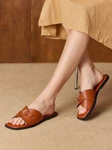MOTF WOMEN PU LEATHER BUCKLE DETAIL FLAT SANDALS - Brown - View 1