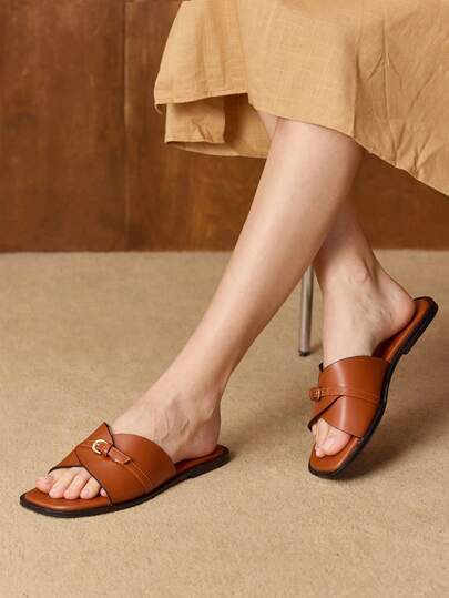 MOTF WOMEN PU LEATHER BUCKLE DETAIL FLAT SANDALS